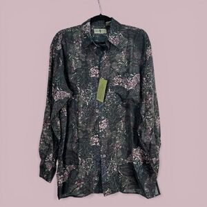 Robert Stock Mens Washed Silk Button Down Shirt Abstract Print 90s Black M